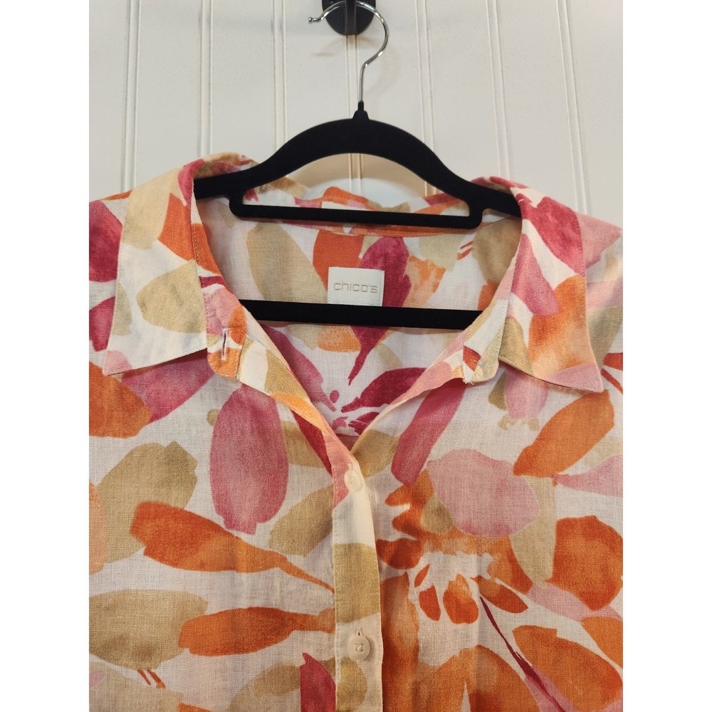 Chico Women's Orange Floral Linen Button-Up Shirt Size 2XL 3/4‎ Sleeve Summer - Picture 3 of 12